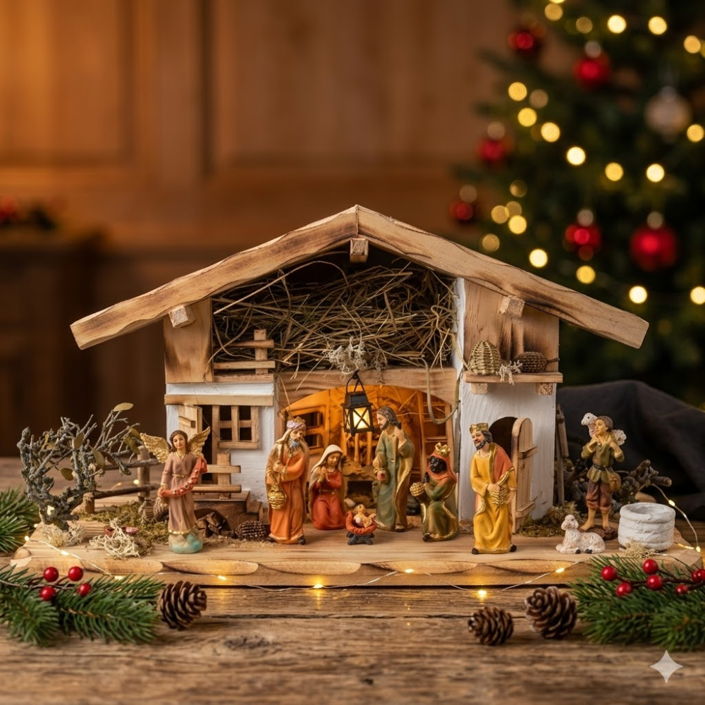 Wundervolle Weihnachtskrippe Neunhof inkl. 12-tlg. Krippenfiguren Set K 650-9, Maße: ca. 58 x 25 x 25 cm